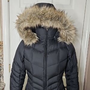 Lands' End Women's Down Quilted Trench Black Puffer Jacket with Faux Fur Trim XS